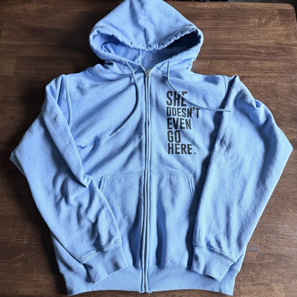 Mean Girls Creative Goods Zip Up Hoodie Size M She Doesn't Even Go Here Blue